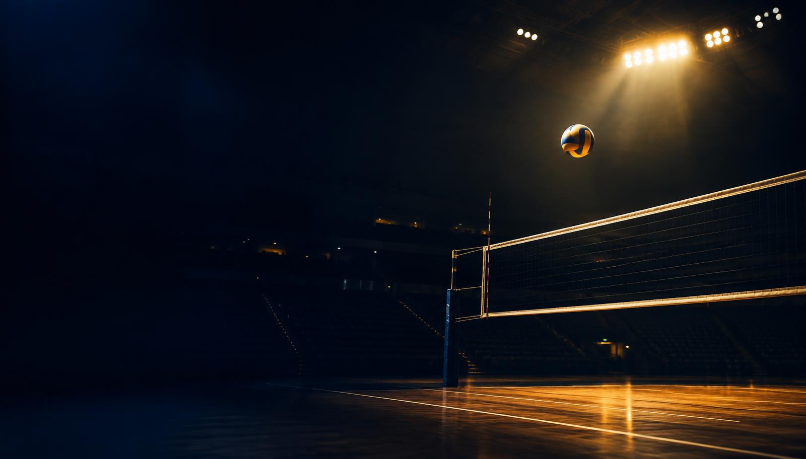 Quadra de vôlei iluminada com a bola no ar sobre a rede